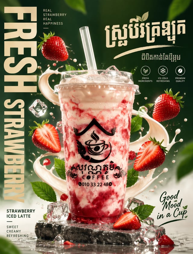 A modern commercial poster design for an iced strawberry juice . Centered clear plastic cup filled w