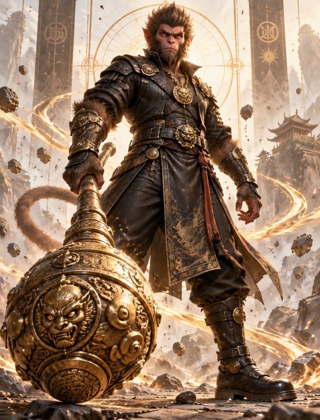 A powerful anthropomorphic video monkey warrior stands frontally in a commanding full-body pose, gri