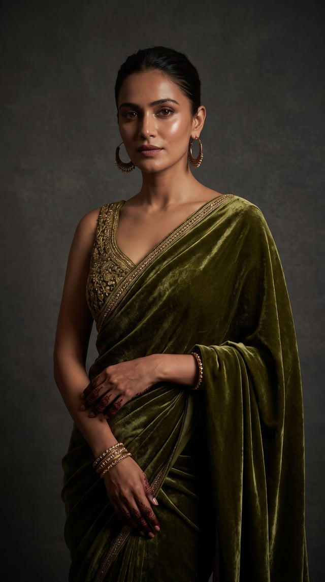 A detailed, high-fashion studio photograph of a woman posing gracefully, wearing a luxurious olive g