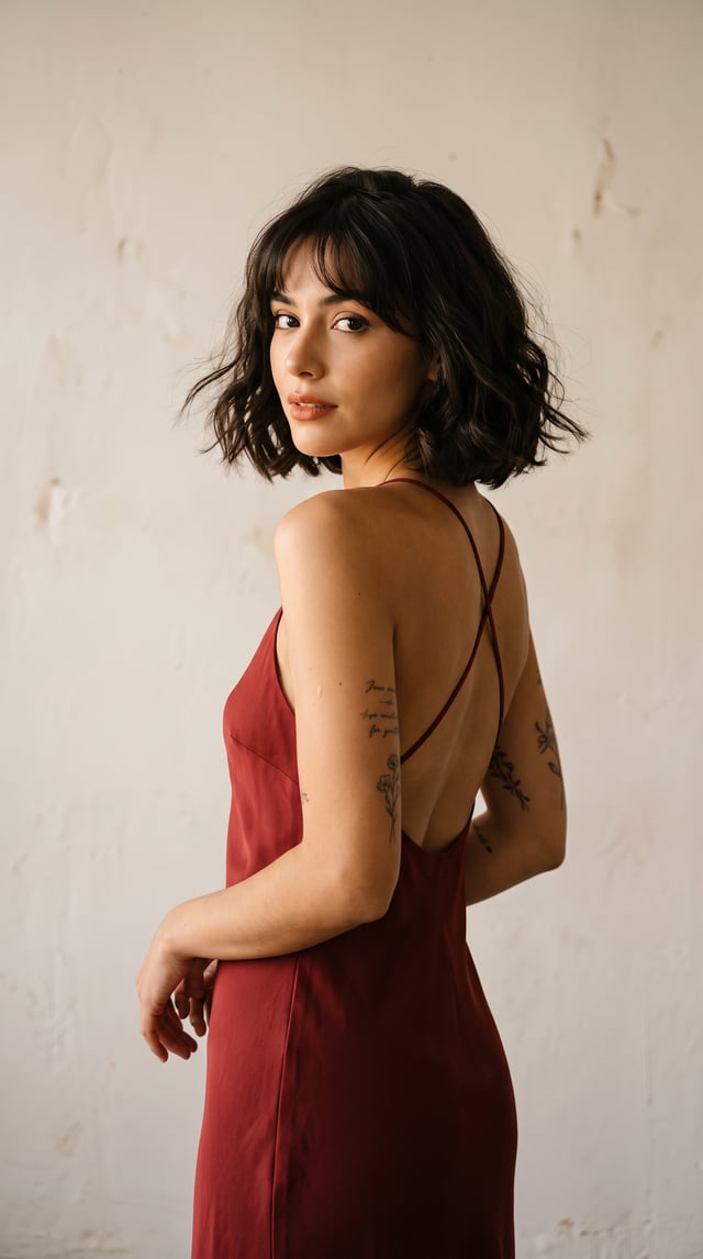 A cinematic, editorial portrait of a young woman looking back over her shoulder, caught in a candid 