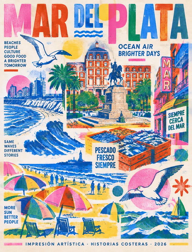 Crea un elegante cartel de viaje moderno, inspirado en la risografía, sobre Mar del Plata. Utiliza i