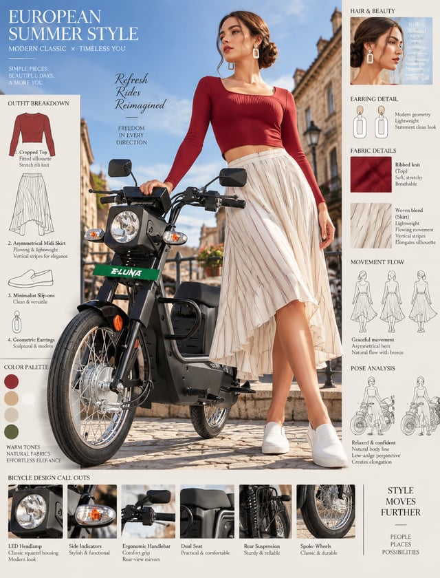Fashion blueprint sheet of an elegant young woman posing beside a vintage bicycle, full-body low-ang