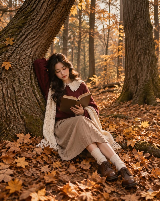 Create an ultra-realistic cinematic autumn fashion photograph matching the reference composition as 