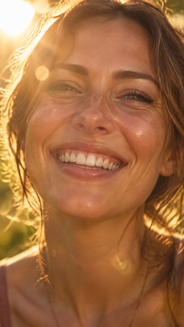 A joyful woman fills the frame in an intimate extreme close-up, smiling broadly with slightly squint