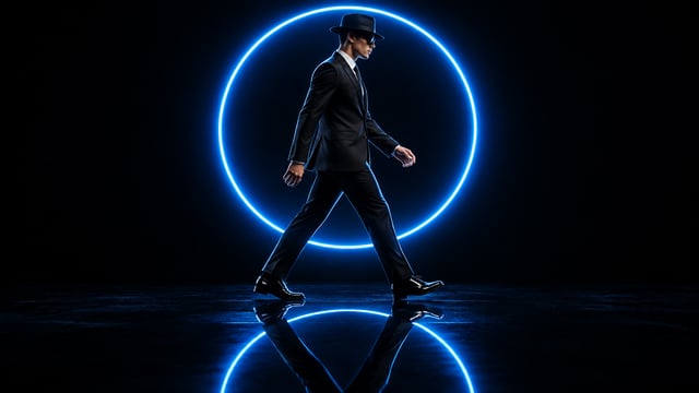 A sharply dressed male performer strides in profile across a seamless black studio, captured mid-ste