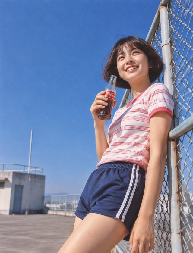Japanese retro high school photography on vintage Kodachrome film. A young, energetic girl with a sh