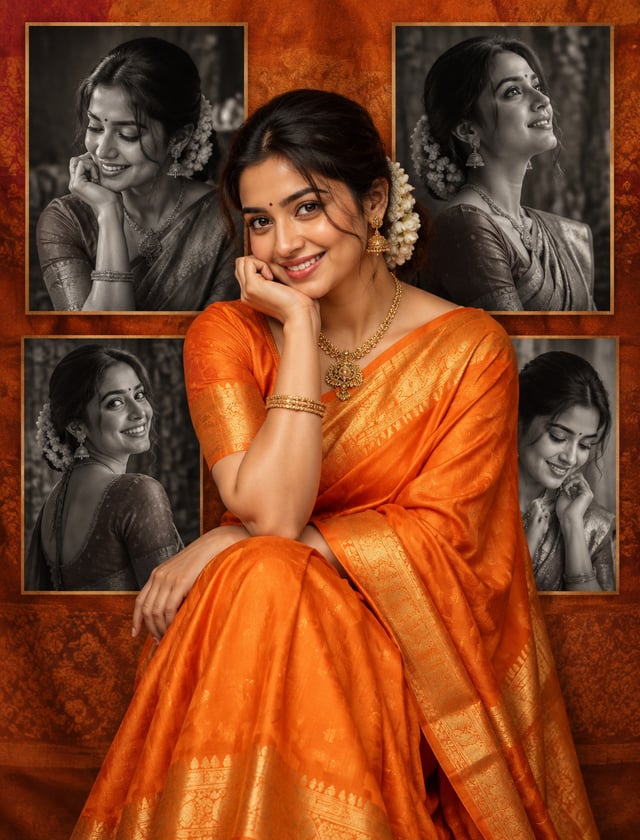 A premium photo collage manipulation poster. In the center, a large, vibrant color portrait of a bea