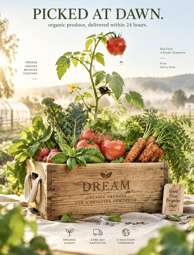 【Task】Create a Cannes‑level brand poster for the fictional organic produce subscription brand “DREAM