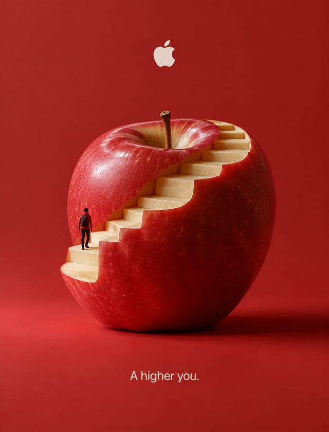 Generate Creative 3D ad for [Apple], with surreal object made from it, matching background color, re