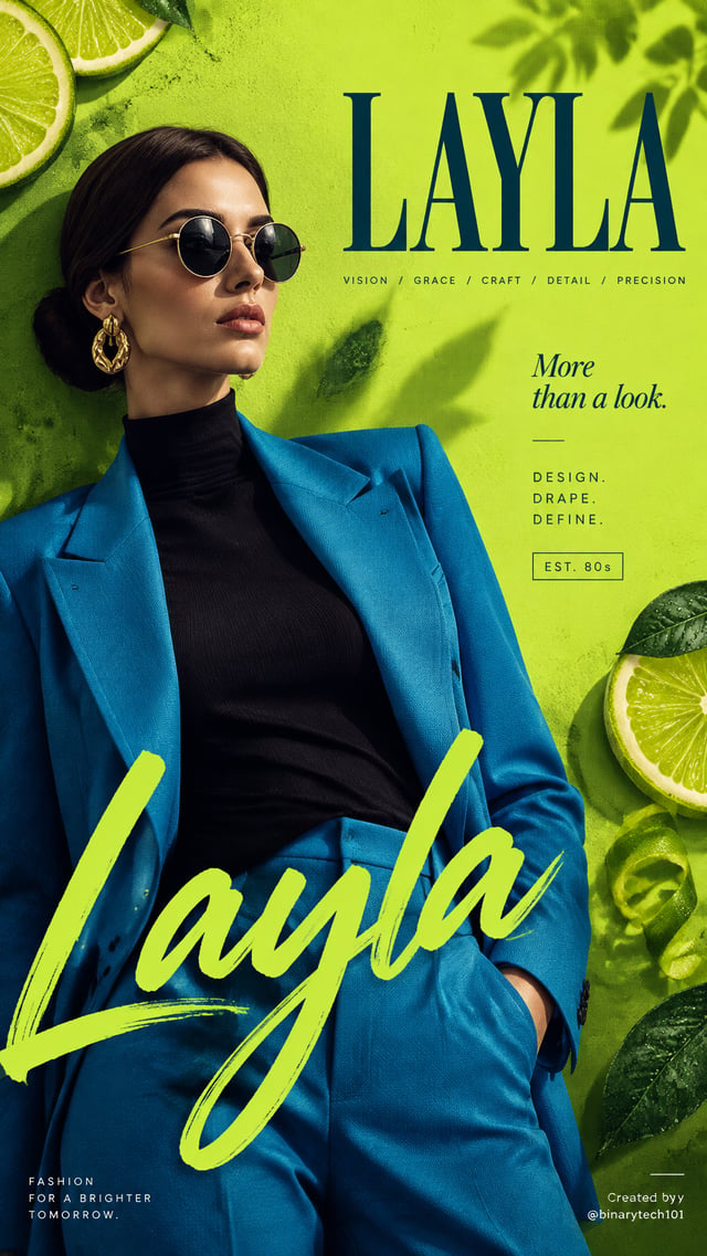 Use attached image as reference.**Name:** LAYLA | Premium luxury fashion editorial poster, 4:5 verti