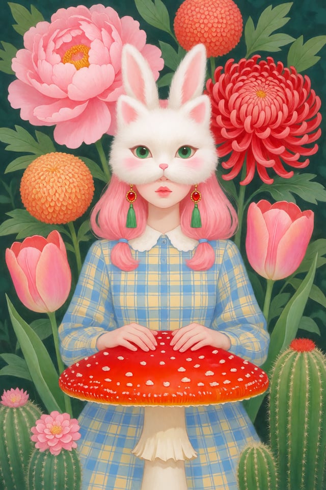 超现实奇幻插画，1girl，粉色头发，白色兔耳朵，戴着毛茸茸的白色猫头面具（绿眼睛、粉红腮红），身穿蓝黄格纹连衣裙，佩戴绿色流苏耳坠（带红宝石），双手搭在红色毒蝇伞（带白点的红蘑菇）上，周围环绕着巨大