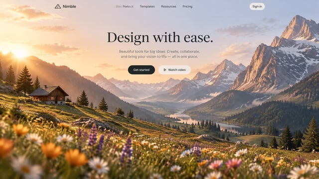 A polished landing-page hero overlays minimalist interface elements on a cinematic alpine valley ren