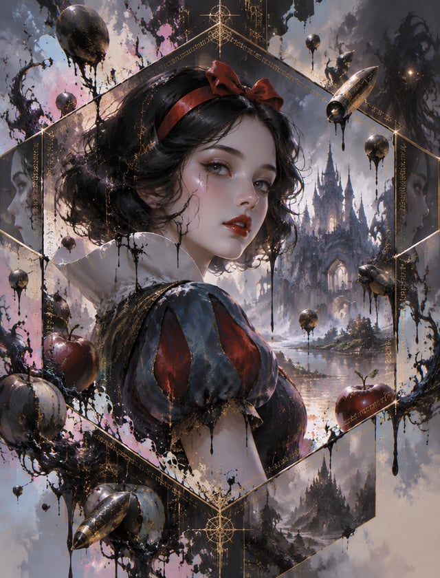 Intricate Calligraphy Hexagonal Ink Portrait Of Disney Princess Snow White, Dripping Lovecraftian Pa