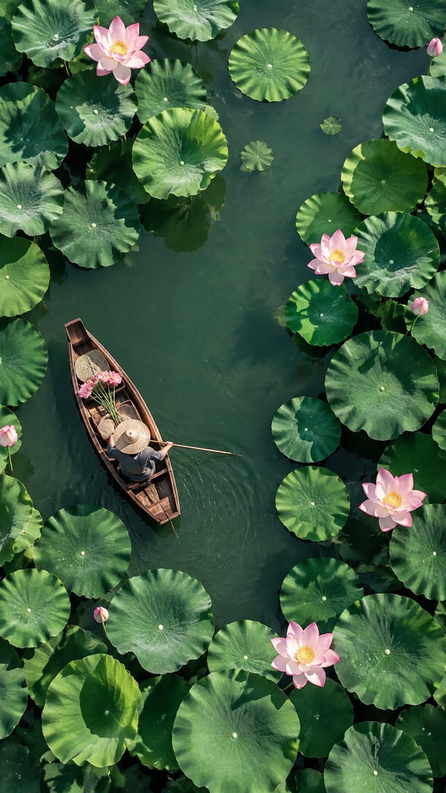 需要一张俯视图，一张渔夫在莲花池划船的场景，符合立夏的高分辨率专业照片，简约，商业摄影，干净的背景，创意产品摄影，写实，创意构图，精致，高端质感，通透，高分辨率，高细节