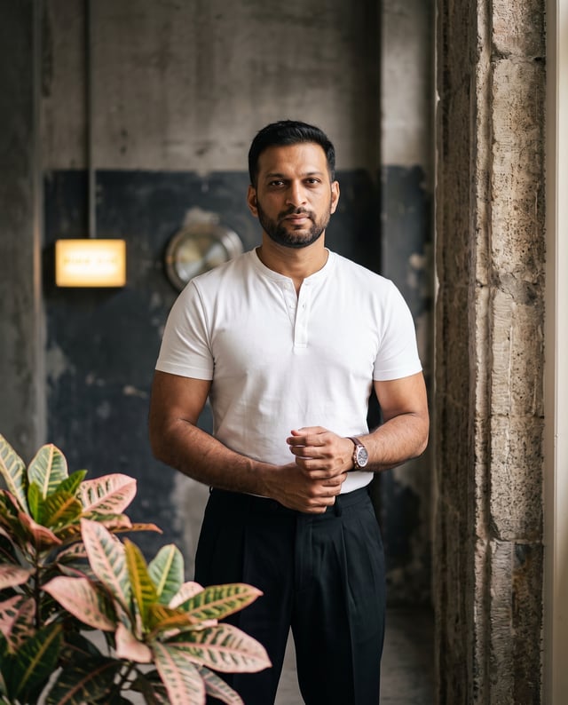 A portrait of a confident, muscular man standing perfectly centered and facing the camera straight o