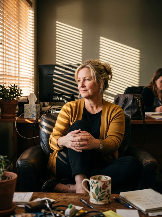 A middle-aged woman with loosely gathered blonde hair sits cross-legged on a dark leather chair, han