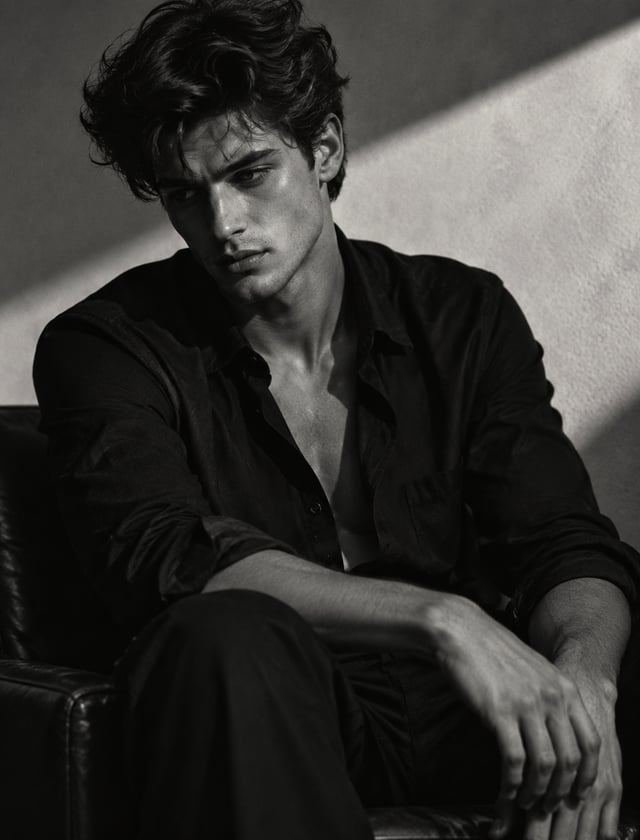 Ultra-realistic cinematic black-and-white editorial portrait, young man with thick wavy textured hai