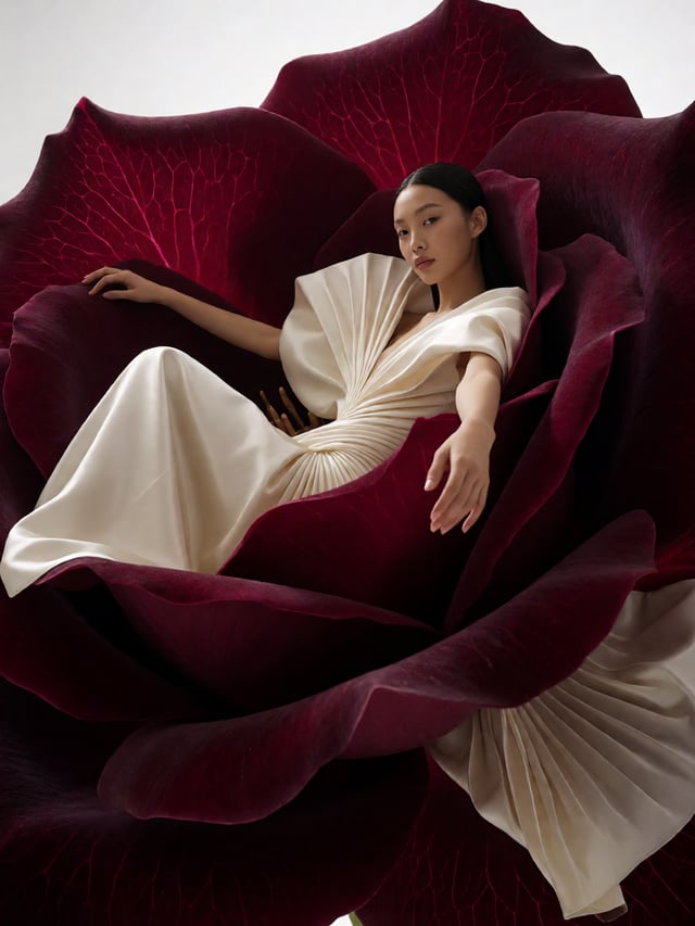 Ultra-photorealistic avant-garde fashion photograph. A beautiful 24-year-old female model reclines e