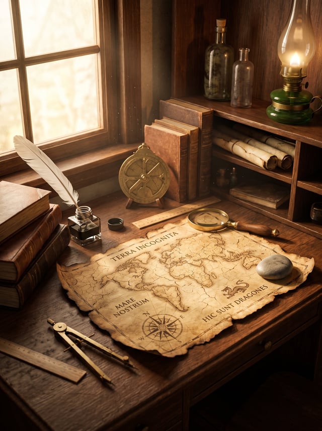 Cinematic still life of an ancient explorer's wooden desk bathed in warm golden window light from th