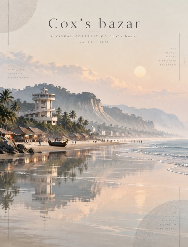 Create a premium 19:12 vertical contemporary travel artwork featuring Cox's bazar reimagined as a re
