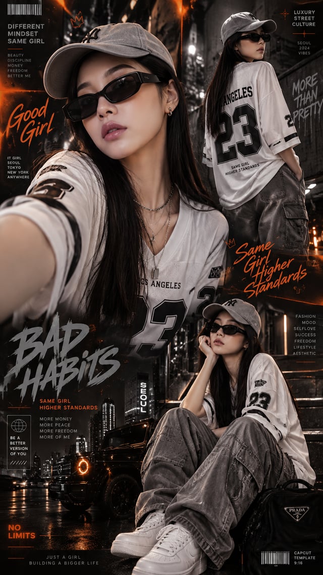Ultra aesthetic streetwear girl collage poster, black and gray moody background, three different pos