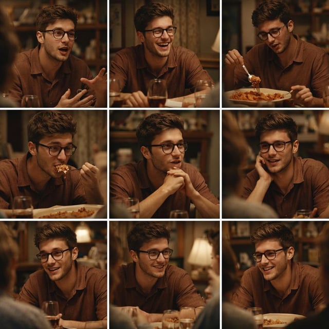 A 3x3 grid storyboard contact sheet comprised of nine candid, cinematic movie stills showing a conti