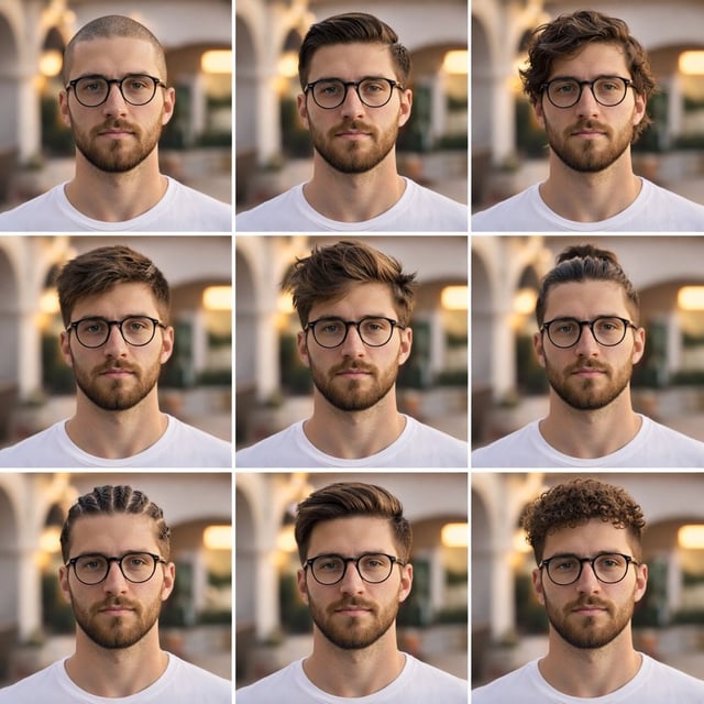 description: "A clean, aesthetic 3x3 collage portrait showcasing different men's hairstyles. The sam