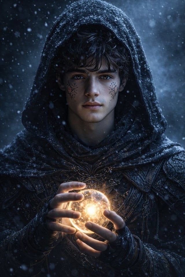 Hyperrealistic dark fantasy portrait of a mysterious hooded mage standing in snowfall,same person (k