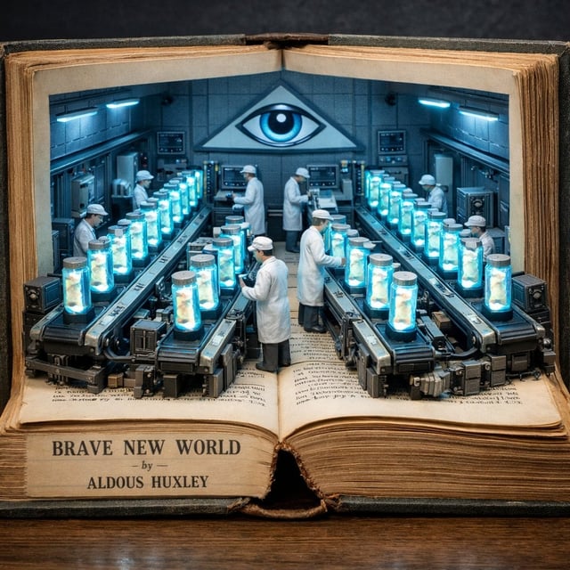 Surreal diorama emerging from an open vintage book of "Brave New World" by Aldous Huxley: the pages 