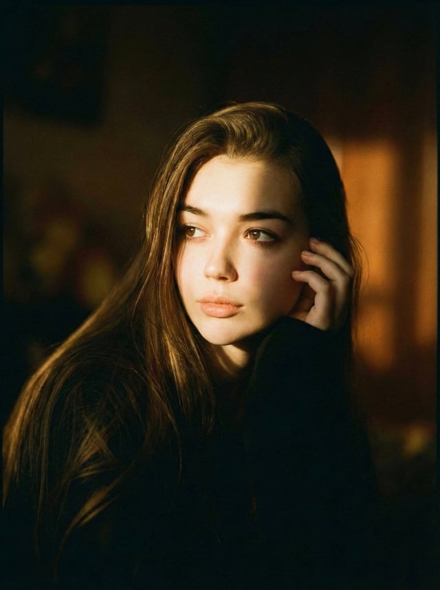 A cinematic portrait of a person is sitting in soft dramatic lighting. The face is partly lit with w