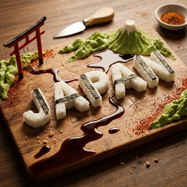 A charcuterie-style board presents JAPAN as an edible sculpture: • Letters carved from compact sushi