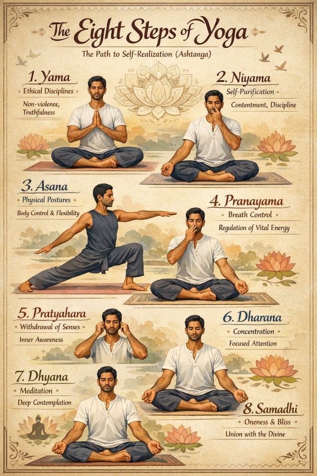 create an infographic with an indian man with different yoga steps and details with beautiful typogr