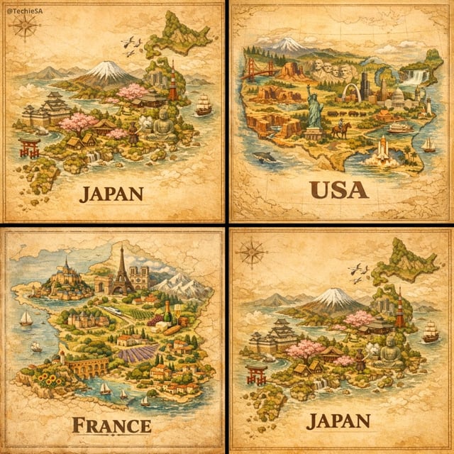 A hand-painted isometric bird’s-eye view illustration of [COUNTRY] in a vintage map style, featuring