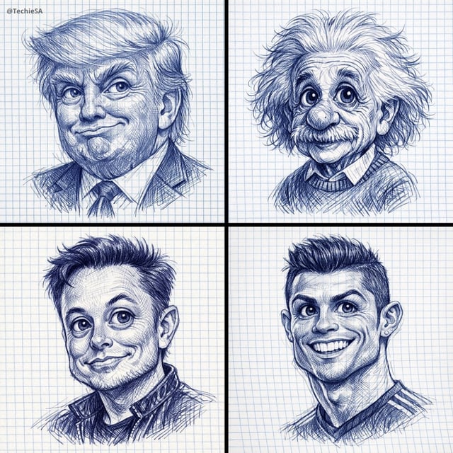A detailed ballpoint pen sketch of [CHARACTER] drawn on checkered notebook paper, 1080x1080. The dra