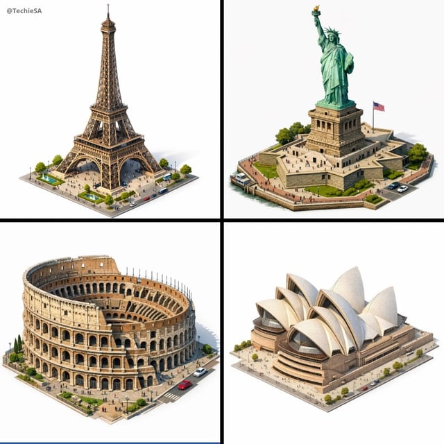 Create a highly detailed isometric 3D rendering of [LANDMARK] in architectural visualization style. 