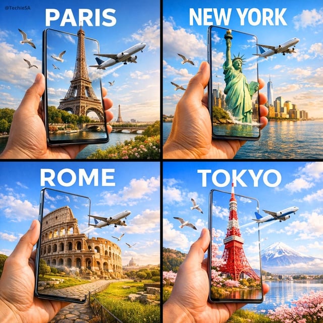 A hyper-realistic travel advertisement in square format (1080x1080), featuring a hand holding a slee