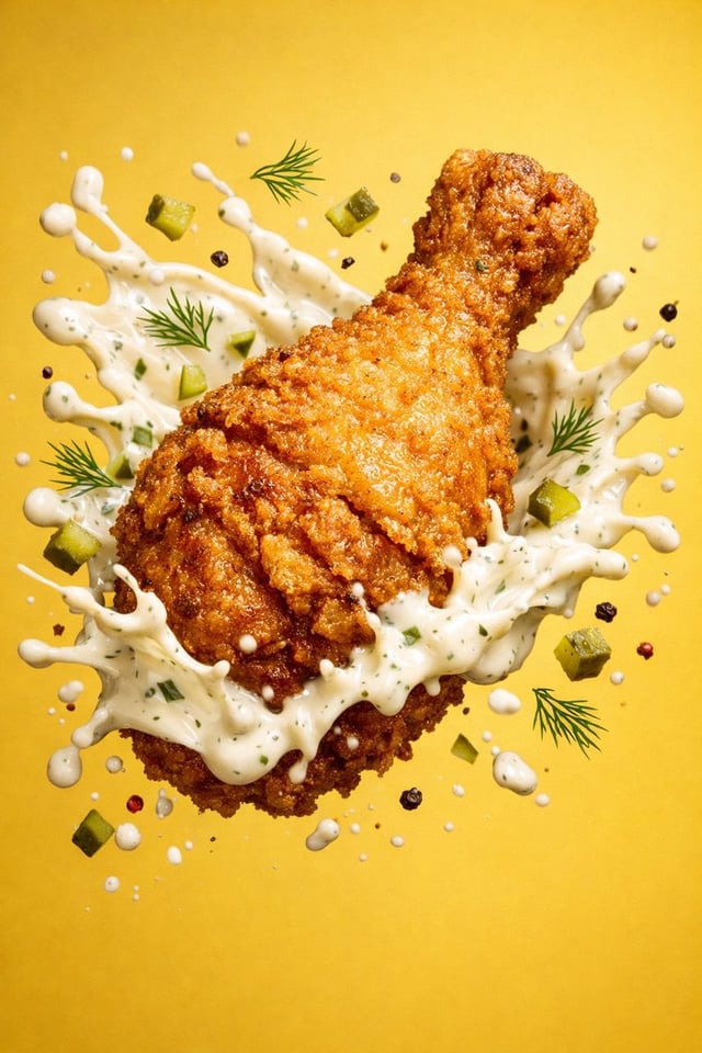 Epic 8K cinematic fantasy food scene: a colossal crispy fried chicken leg rising like a legendary ar