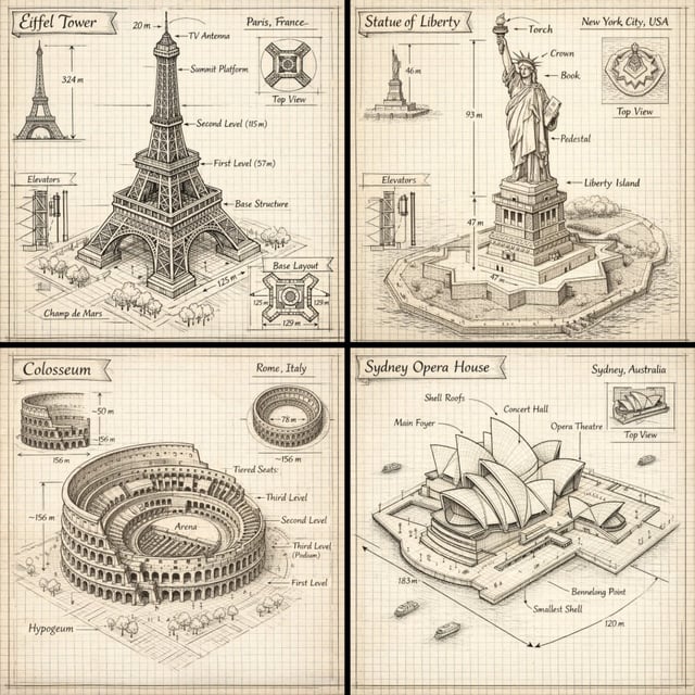 Create a hand drawn isometric schematic diagram of [LANDMARK]. 1080x1080 dimension.