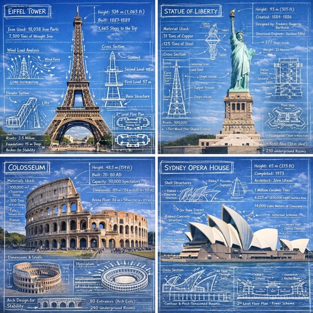 Create an infographic image of [LANDMARK], combining a real photograph of the landmark with blueprin