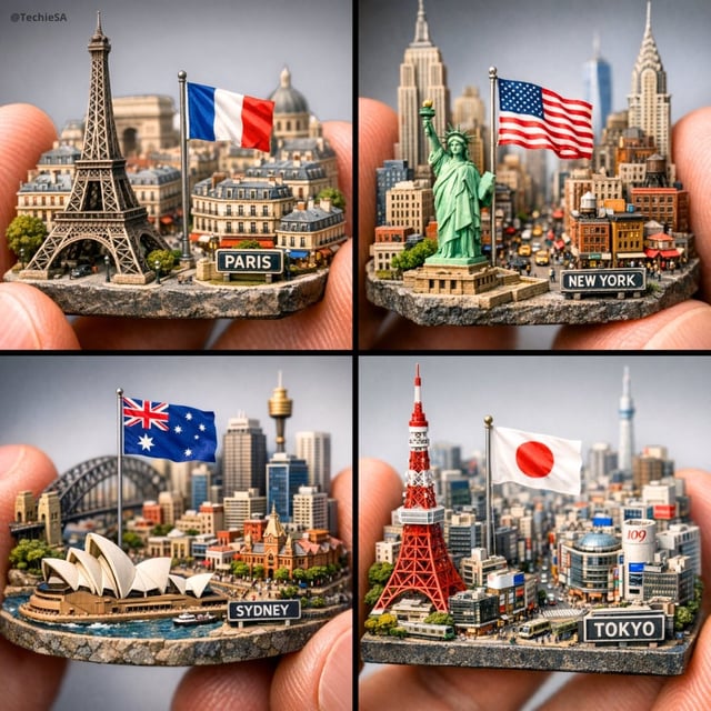 Extreme close-up macro of miniature city diorama [CITY, COUNTRY] on a solid base, held between two h