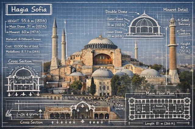 Create an infographic image of [LANDMARK], combining a real photograph of the landmark with blueprin