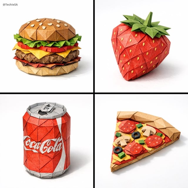 A hyper-detailed origami [FOOD ITEM] folded from realistic colored paper with visible creases and pa