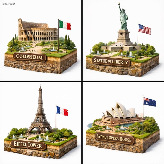 Create a hyper-realistic 3D diorama-style model of [LANDMARK NAME]. The model should appear as a min