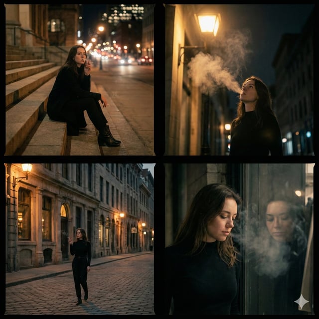 A cinematic 4-panel photo collage showing a quiet, introspective city walk with smoking as a charact