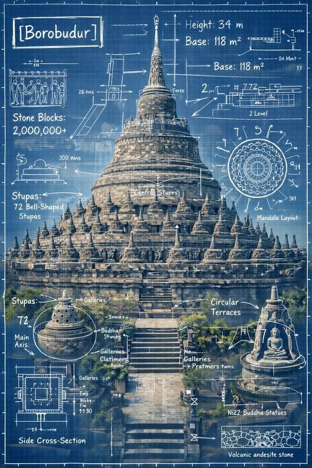 Create an infographic image of [LANDMARK], combining a real photograph of the landmark with blueprin