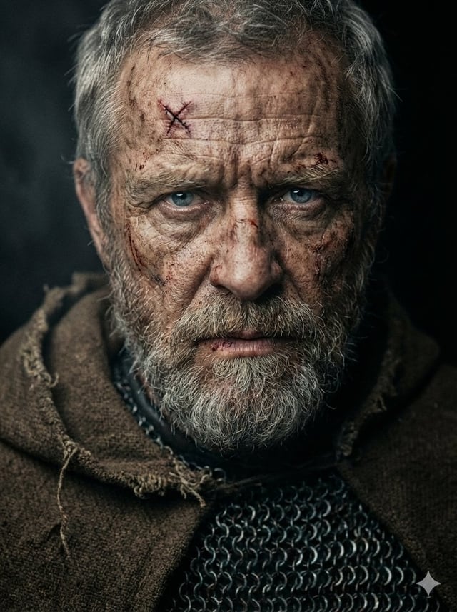 A hyper-realistic, cinematic close-up portrait of a battle-hardened, elderly medieval warrior, facin