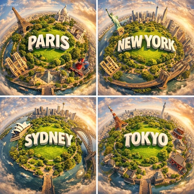 Create a hyperrealistic miniature planet showcasing [CITY] with famous landmarks seamlessly curving 