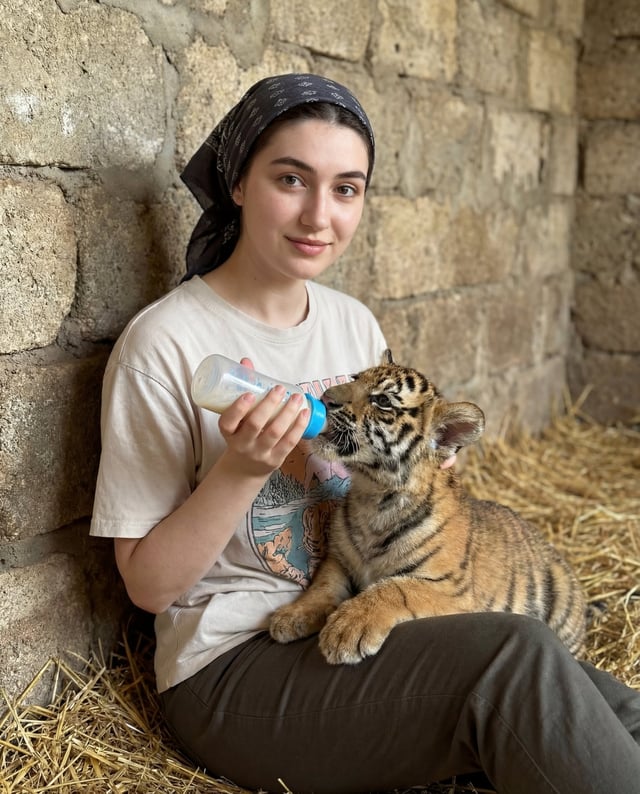 { "scene_type": "lifestyle portrait with animal interaction", "composition": { "framing": "medium sh