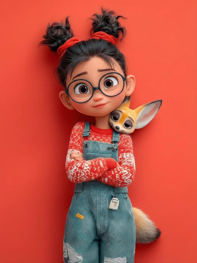 A cute 3D Pixar-style character portrait of a little girl with big expressive eyes and round glasses
