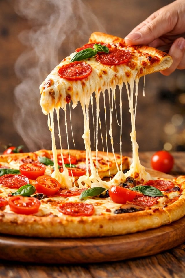 A hyper-realistic, cinematic close-up of a freshly baked pepperoni pizza slice being lifted from the